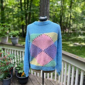 Vintage Handmade 80s Colorblock Sweater – Pastel Geometric Pullover (M/L)